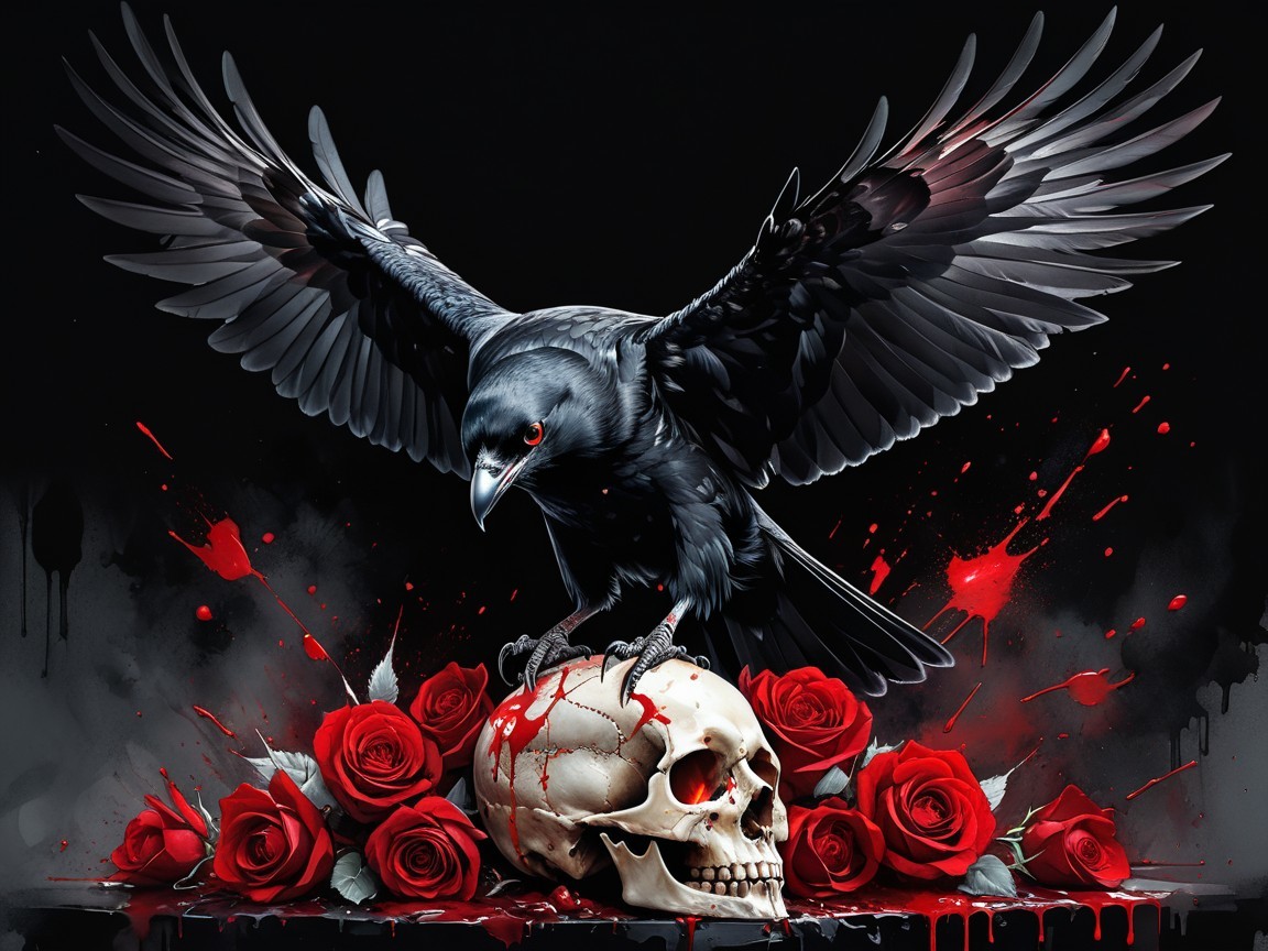 Raven on Skull Surrounded by Blood-Red Roses