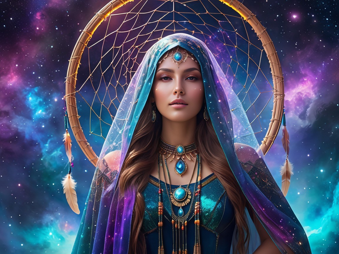 Mystical Woman in Blue and Teal with Cosmic Backdrop