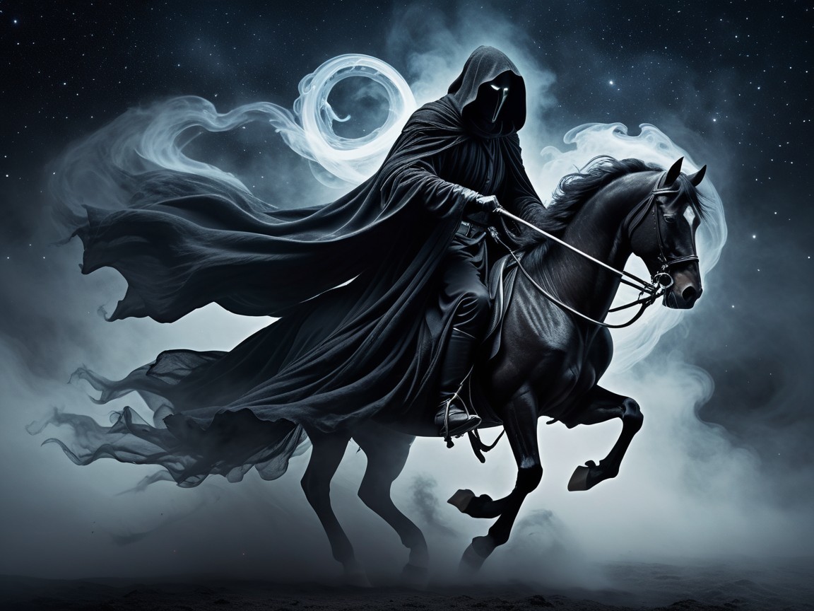 Mysterious Figure on Black Horse in Misty Night Scene