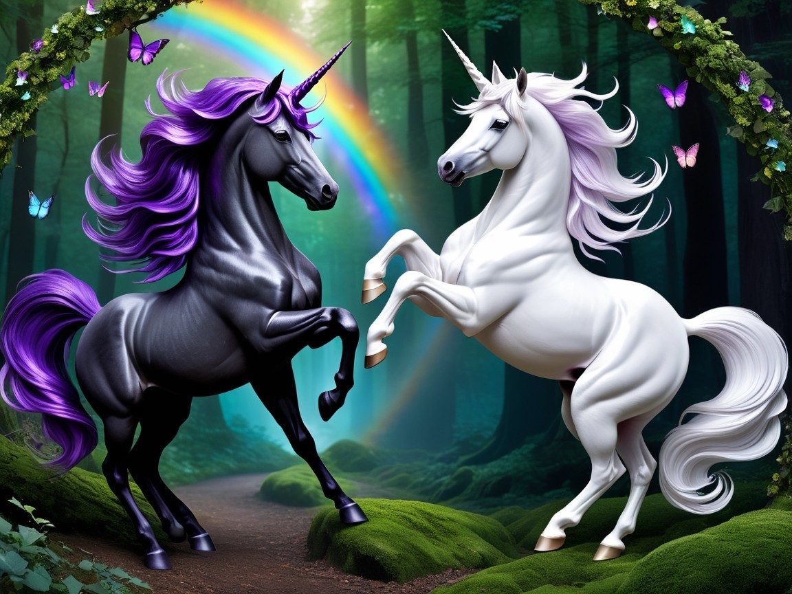 Unicorns in a Magical Forest with Rainbow and Butterflies