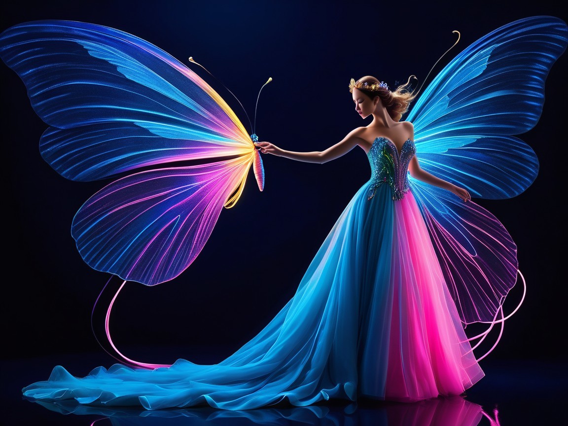 Elegant figure in vibrant blue to pink gown with wings