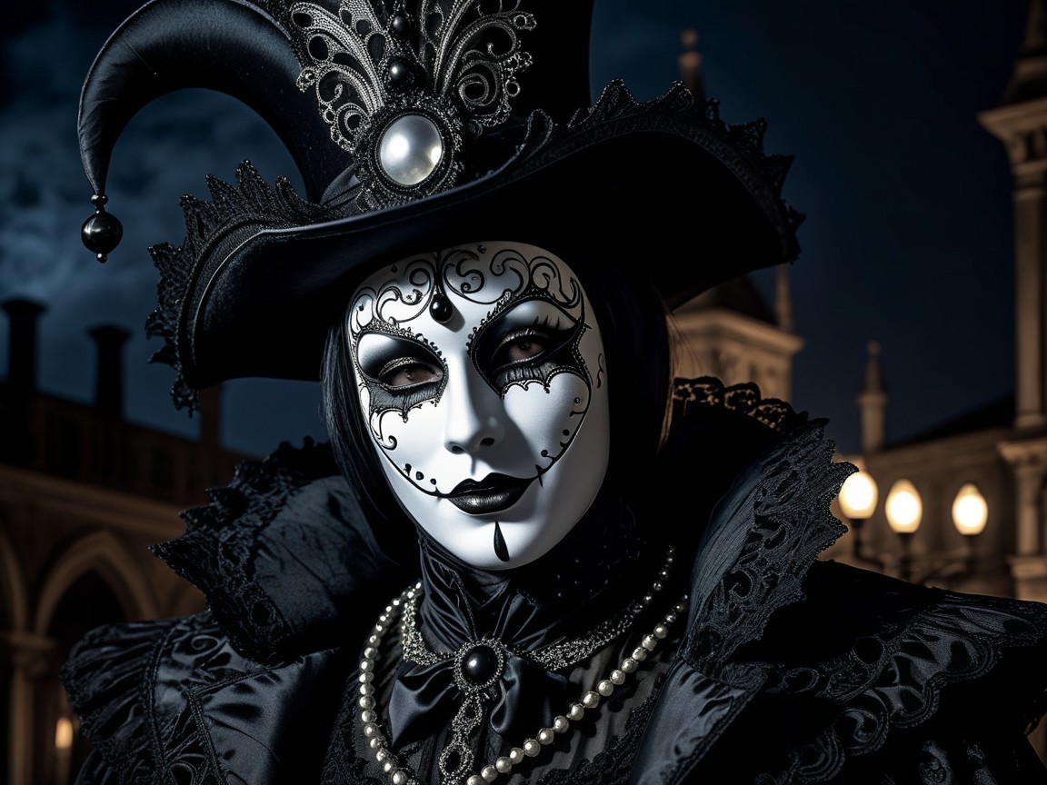 Elaborate Dark Attire Against Night Backdrop