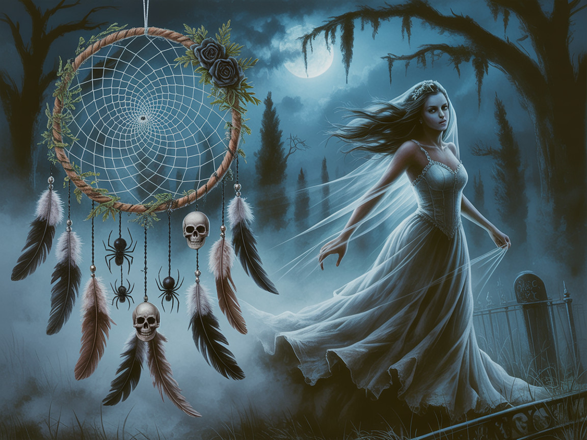 Ghostly Bride in Moonlit Graveyard with Dreamcatcher