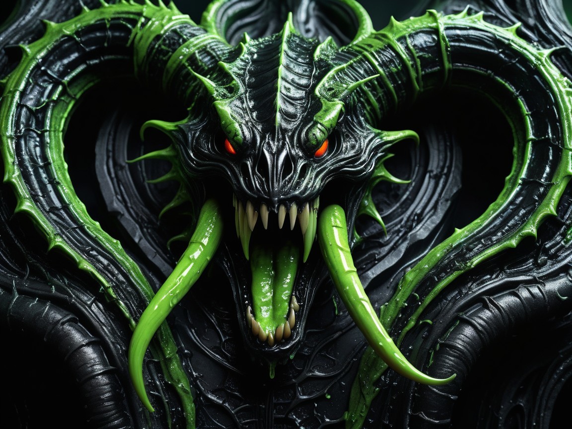Menacing creature with serpent heads and glowing accents