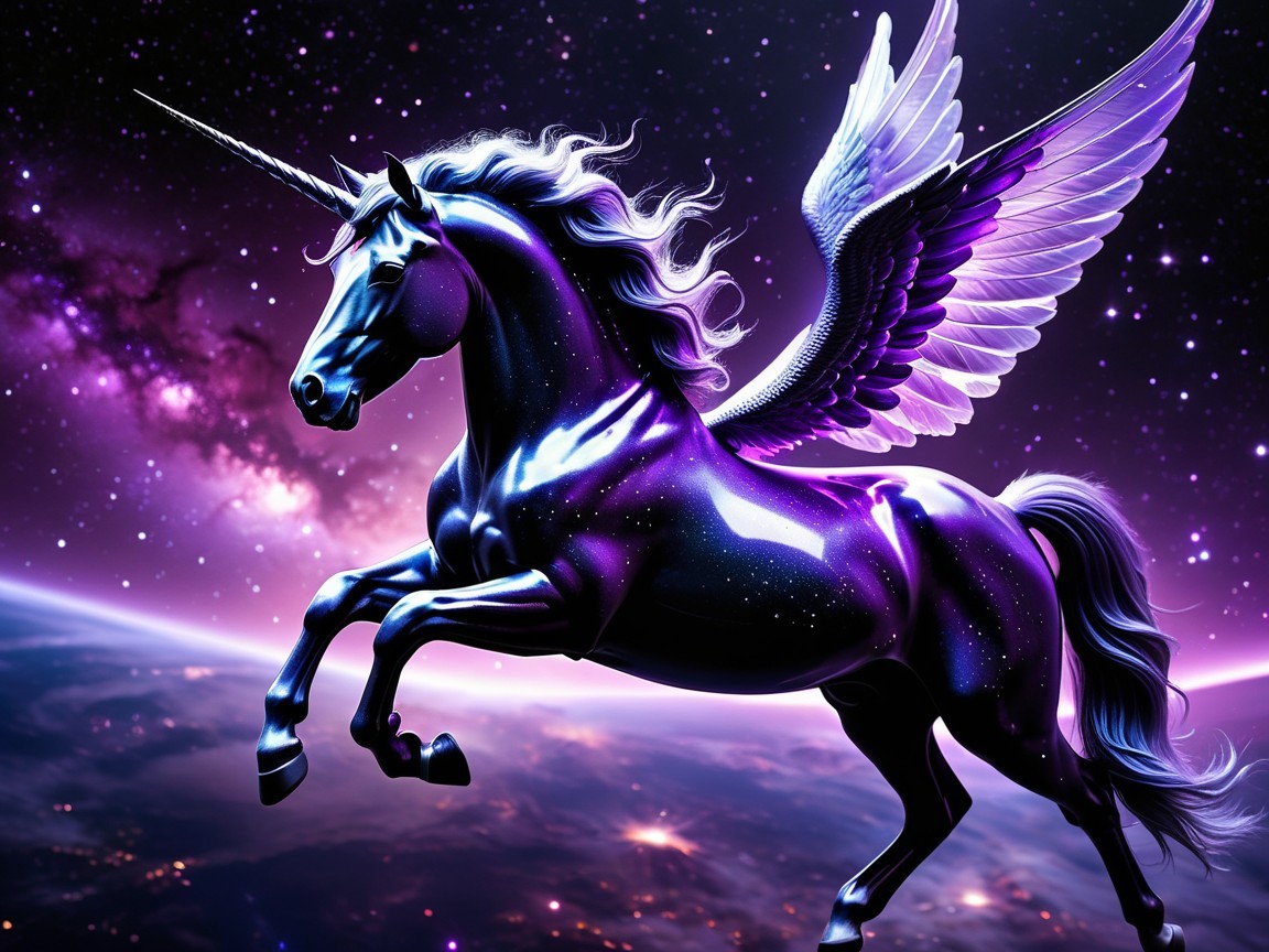Majestic Black Unicorn with Shimmering Wings in Space