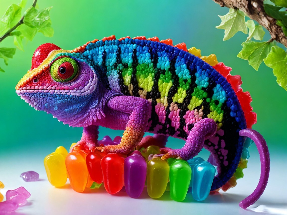 Close-up of a colorful rainbow chameleon on candies