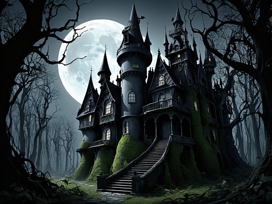 Gothic Castle Under Full Moon with Eerie Atmosphere