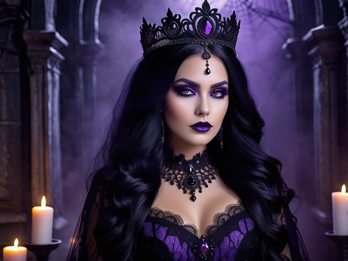 Gothic Figure in Black and Purple Ensemble in Misty Setting