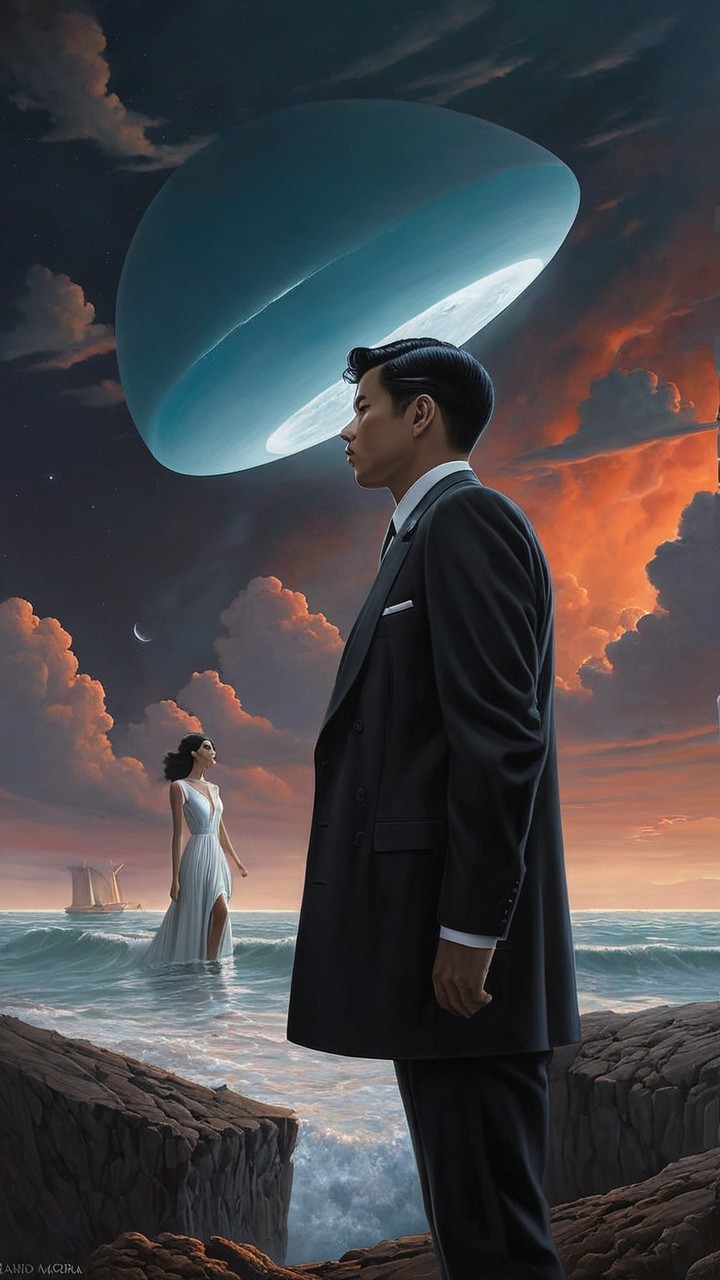 Surreal Landscape with Man, Woman, and Ethereal Disc