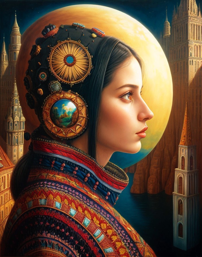 Portrait of a Woman in Traditional Attire with Moonlight