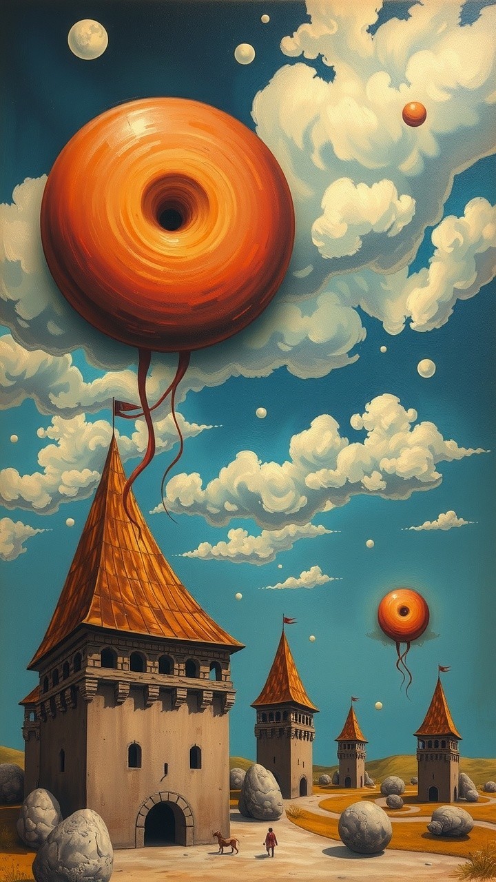Surreal Landscape with Balloons and Medieval Towers