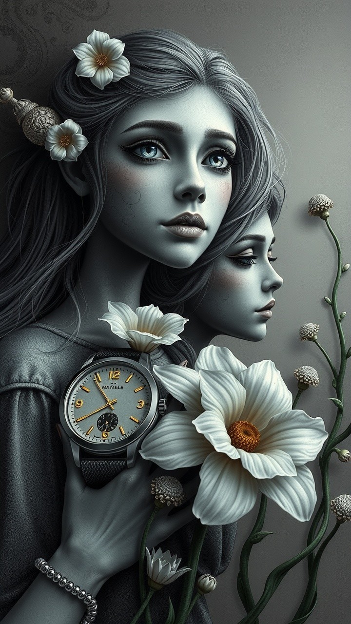 Ethereal Women with Gray Skin and Floral Accents