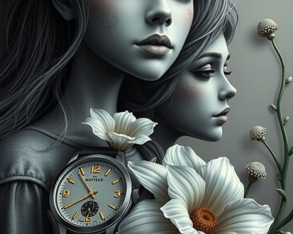 Ethereal Women with Gray Skin and Floral Accents