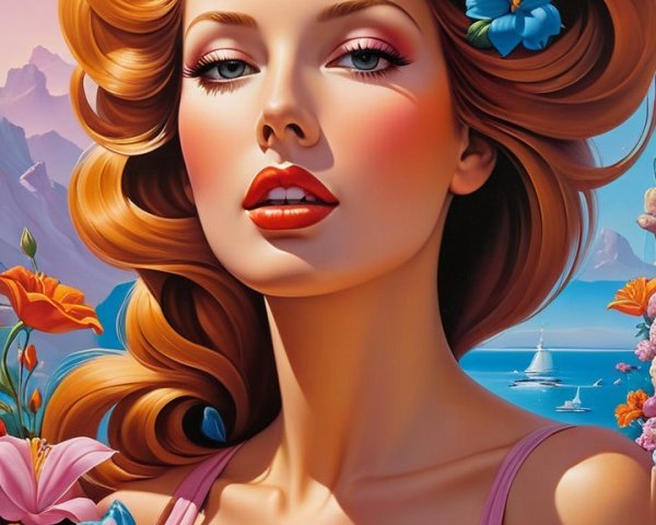 Portrait of a woman with red hair and floral accents