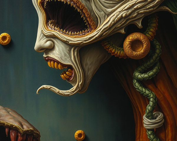 Surreal Creature with Grotesque Face and Symbolism