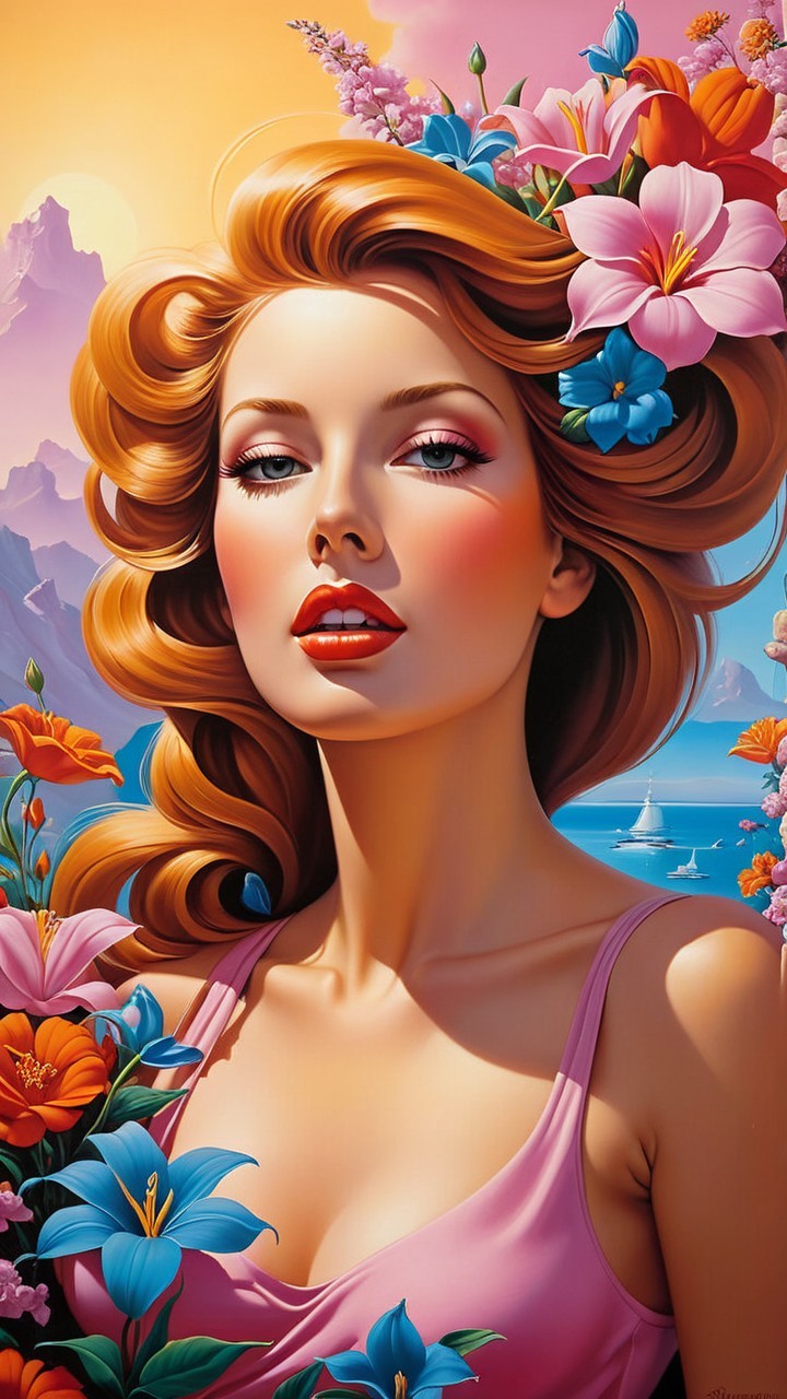 Portrait of a woman with red hair and floral accents