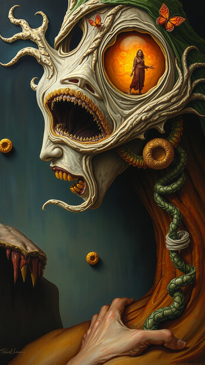 Surreal Creature with Grotesque Face and Symbolism