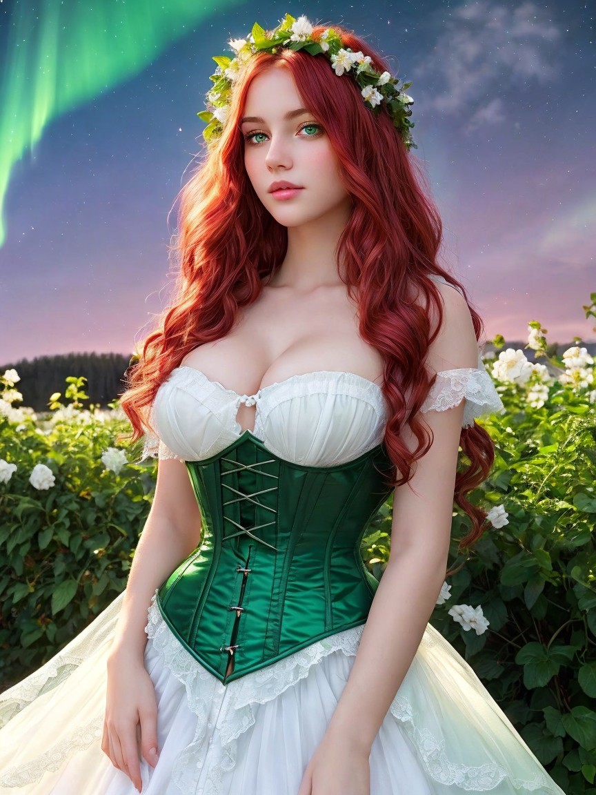 Woman with Red Hair in Aurora and White Roses