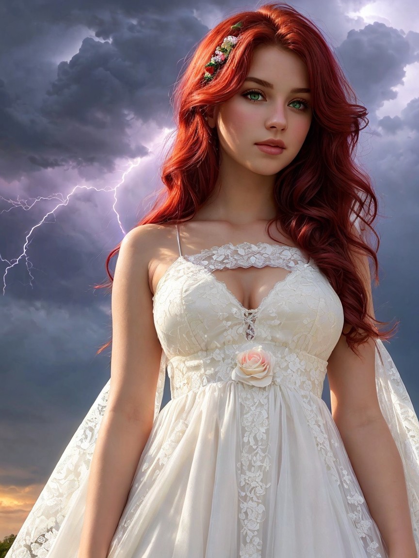 Young Woman in White Gown Amidst Stormy Skies