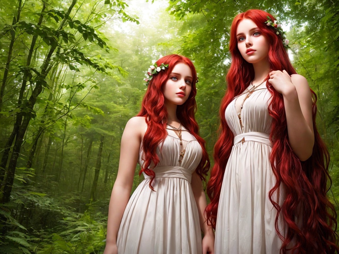 Identical Women in White Dresses in Lush Forest