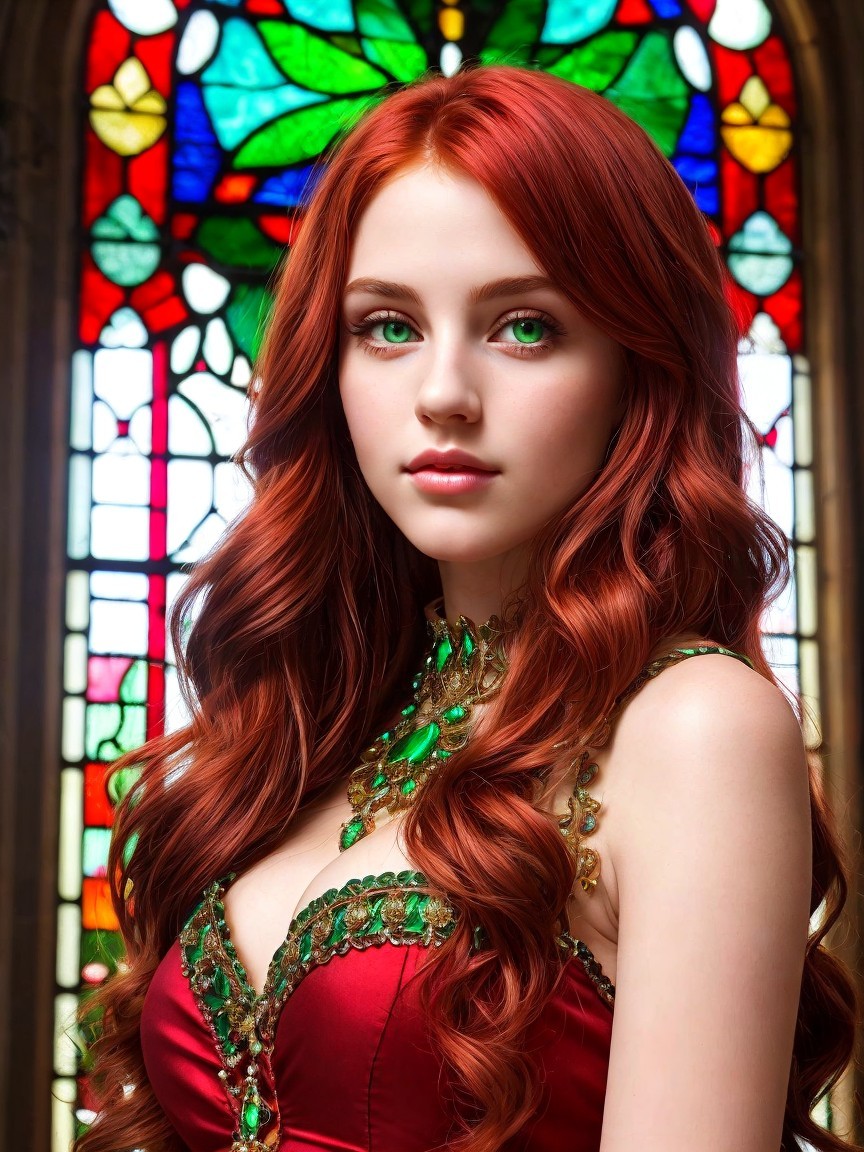Young woman in red dress with stained glass backdrop