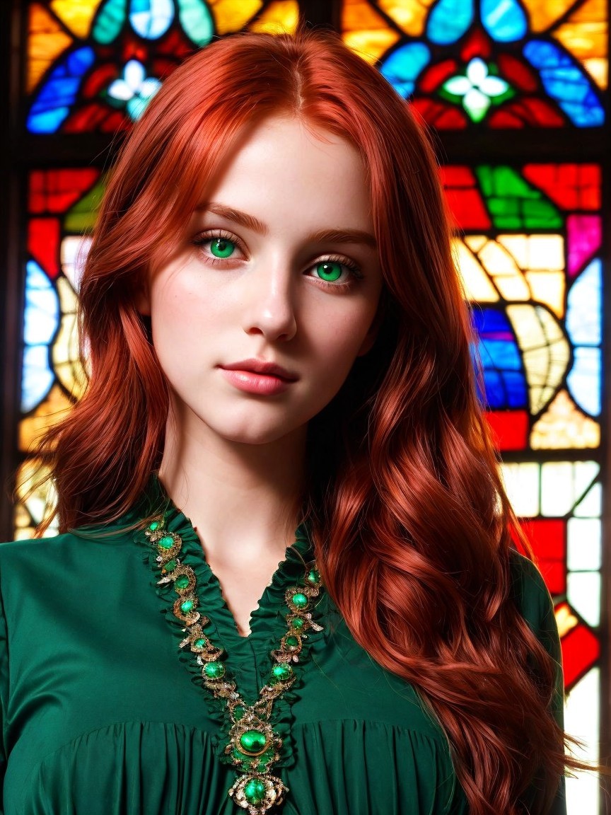 Young woman in green dress with stained glass backdrop