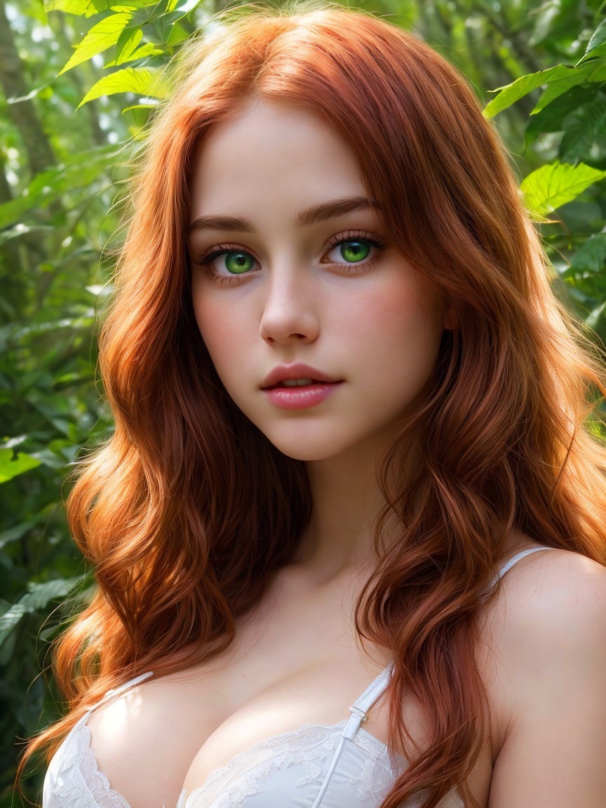 Young woman with red hair in lush green foliage
