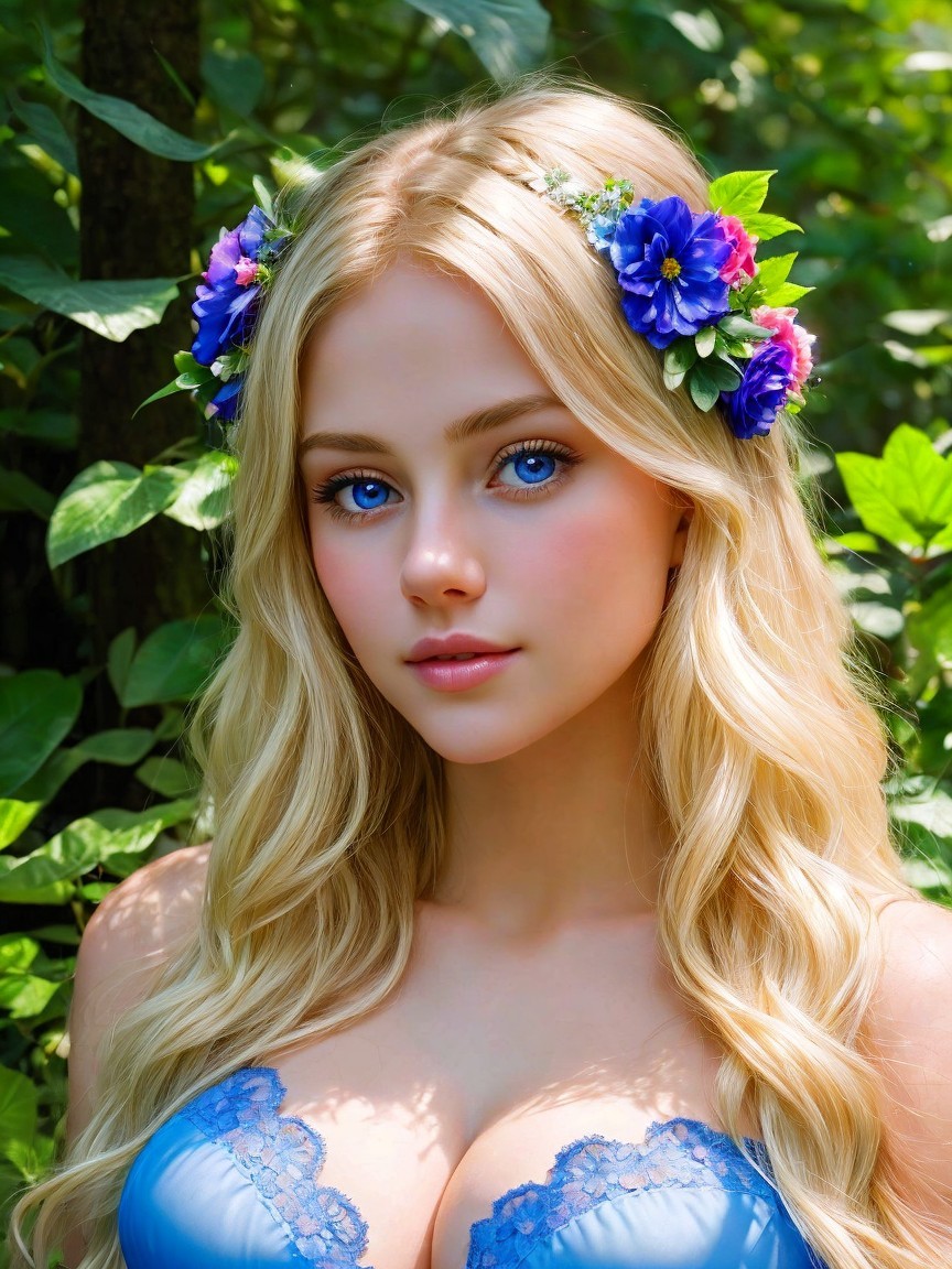 Young woman in floral crown among lush greenery