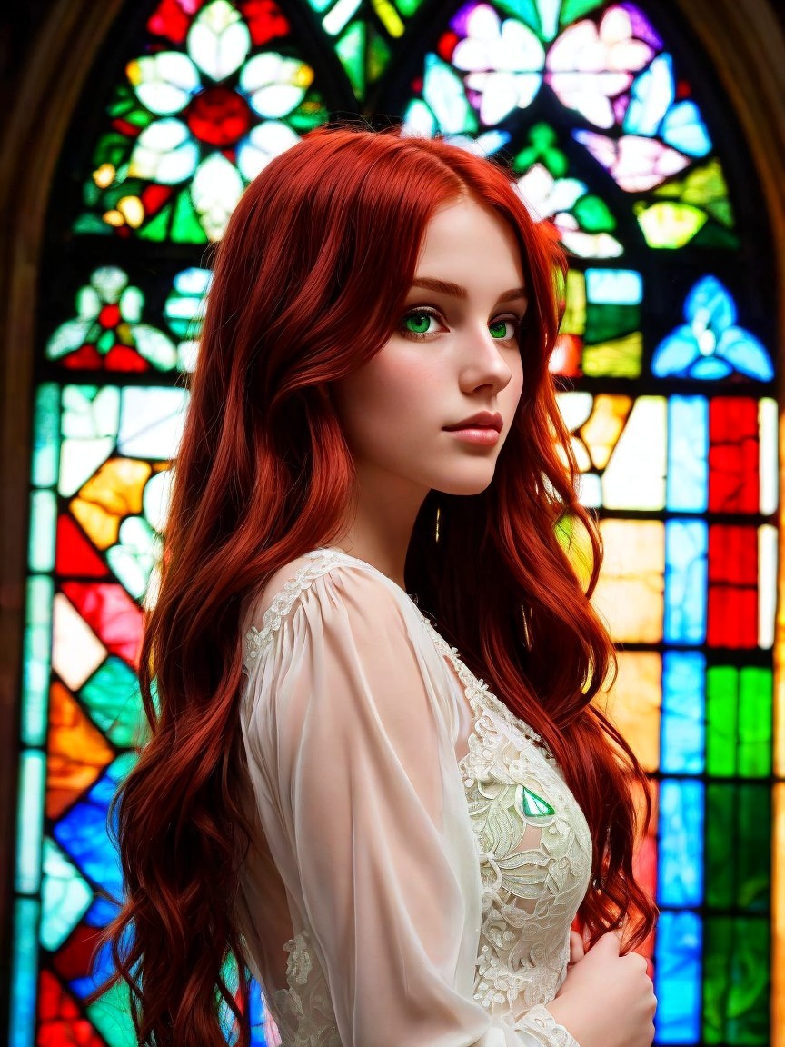 Young woman in white dress by stained glass window