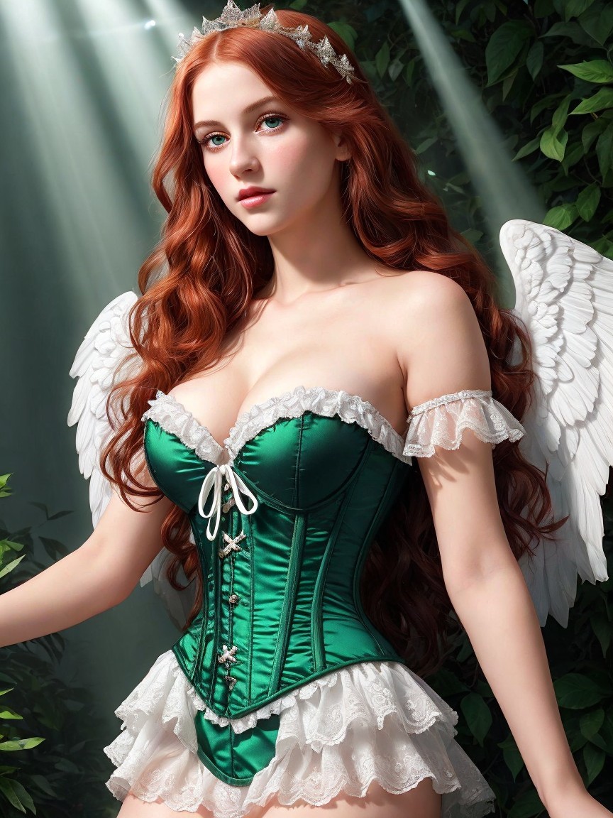 Woman with Red Hair in Green Setting with Wings