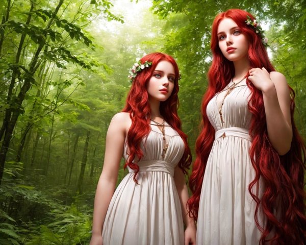 Identical Women in White Dresses in Lush Forest
