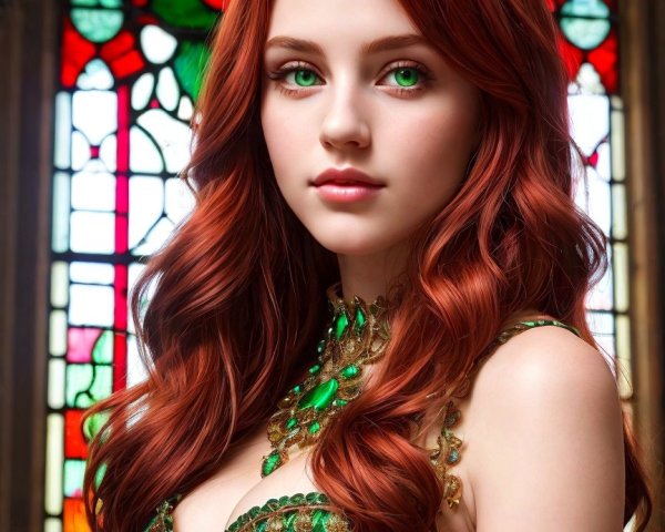 Young woman in red dress with stained glass backdrop