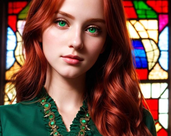 Young woman in green dress with stained glass backdrop