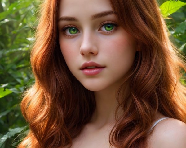 Young woman with red hair in lush green foliage