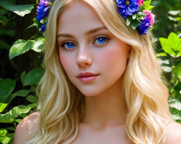 Young woman in floral crown among lush greenery
