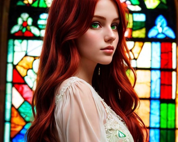Young woman in white dress by stained glass window