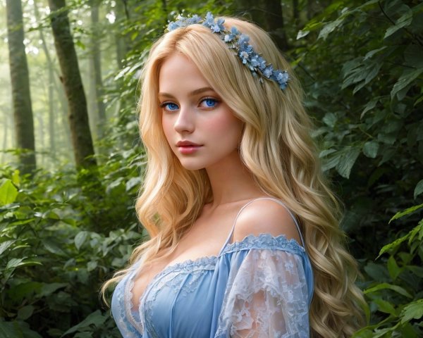 Young woman in blue dress in serene forest setting