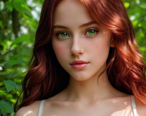Young woman with red hair in green foliage setting