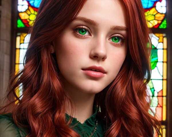 Young Woman by Stained Glass Window with Green Garment