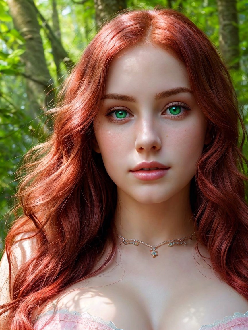 Young woman with red hair in a lush forest setting