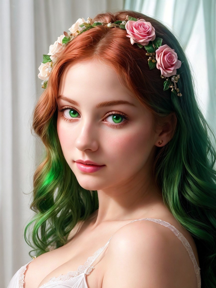 Young woman with green eyes and floral headband