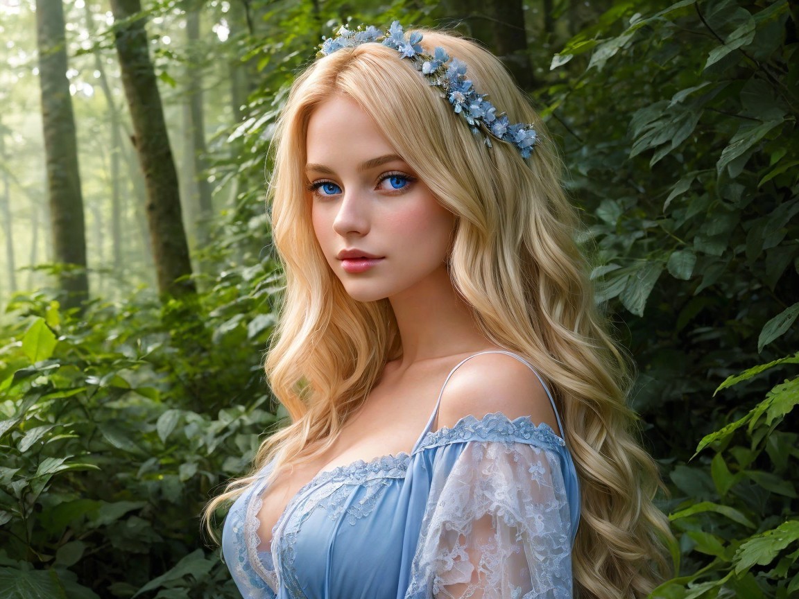 Young woman in blue dress in serene forest setting