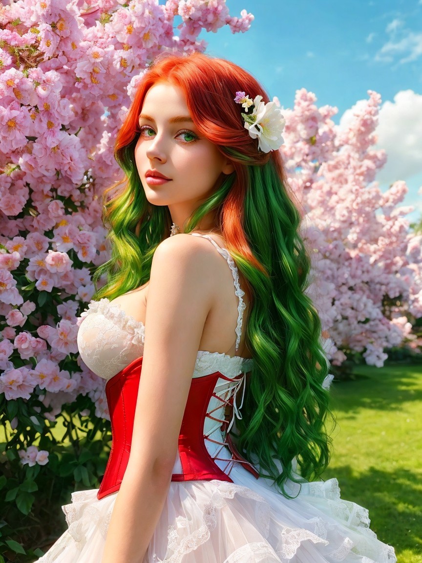 Young Woman in Red Corset Among Cherry Blossoms