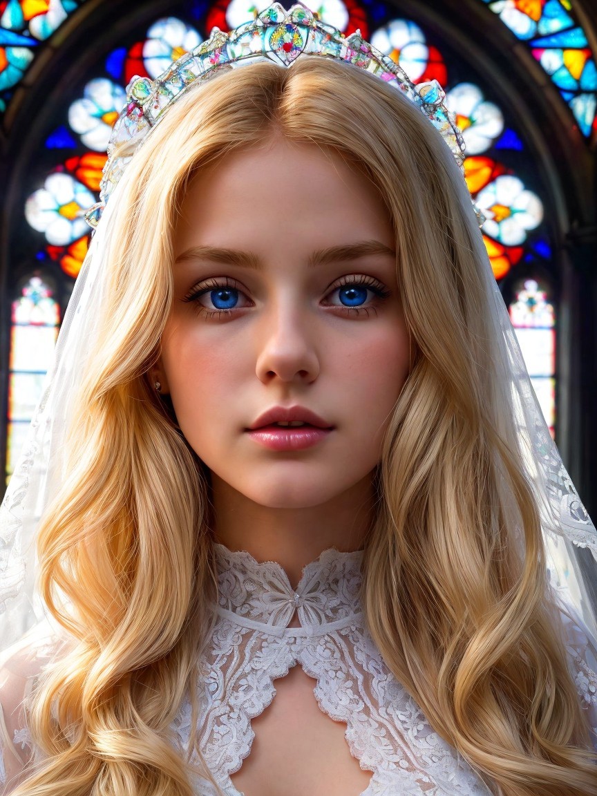 Young woman in lace dress with stained glass backdrop