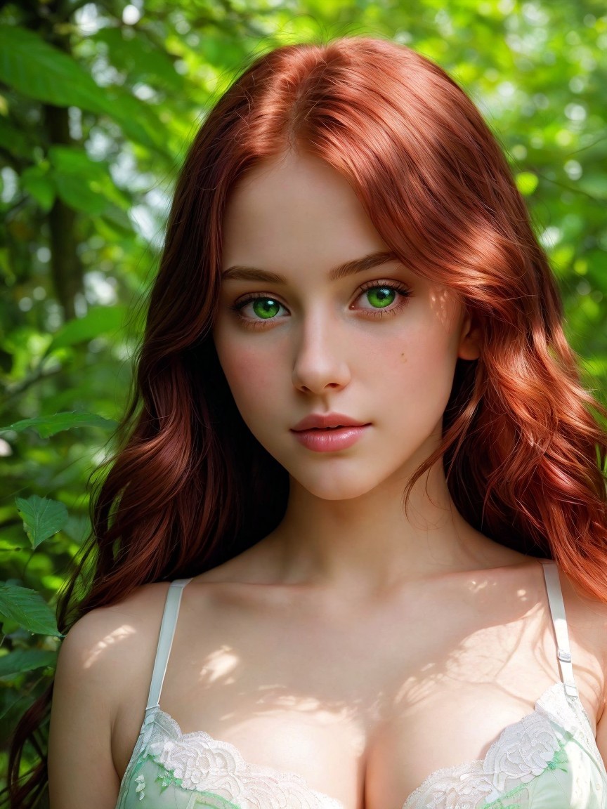 Young woman with red hair in green foliage setting