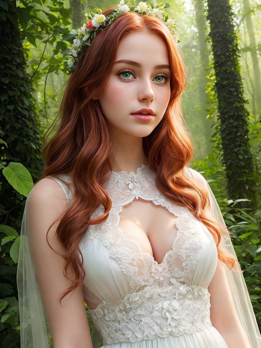 Young woman in forest with floral crown and gown