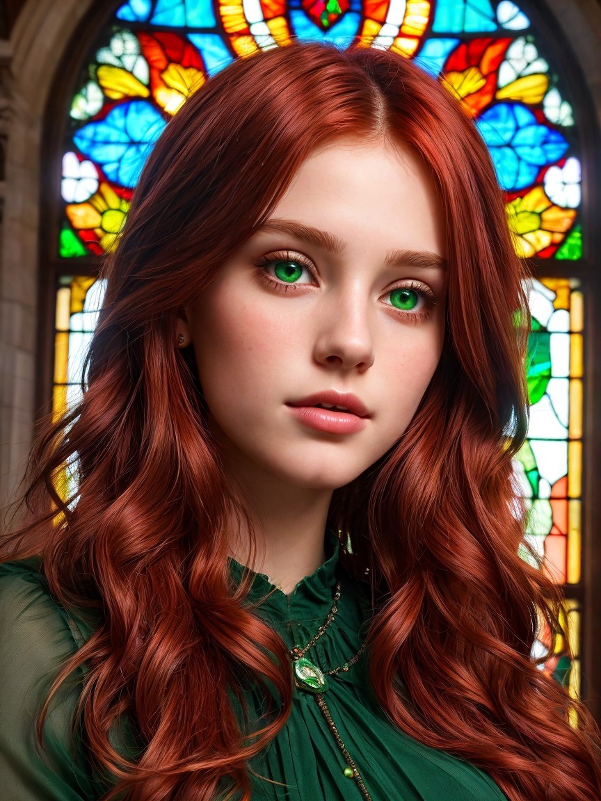 Young Woman by Stained Glass Window with Green Garment