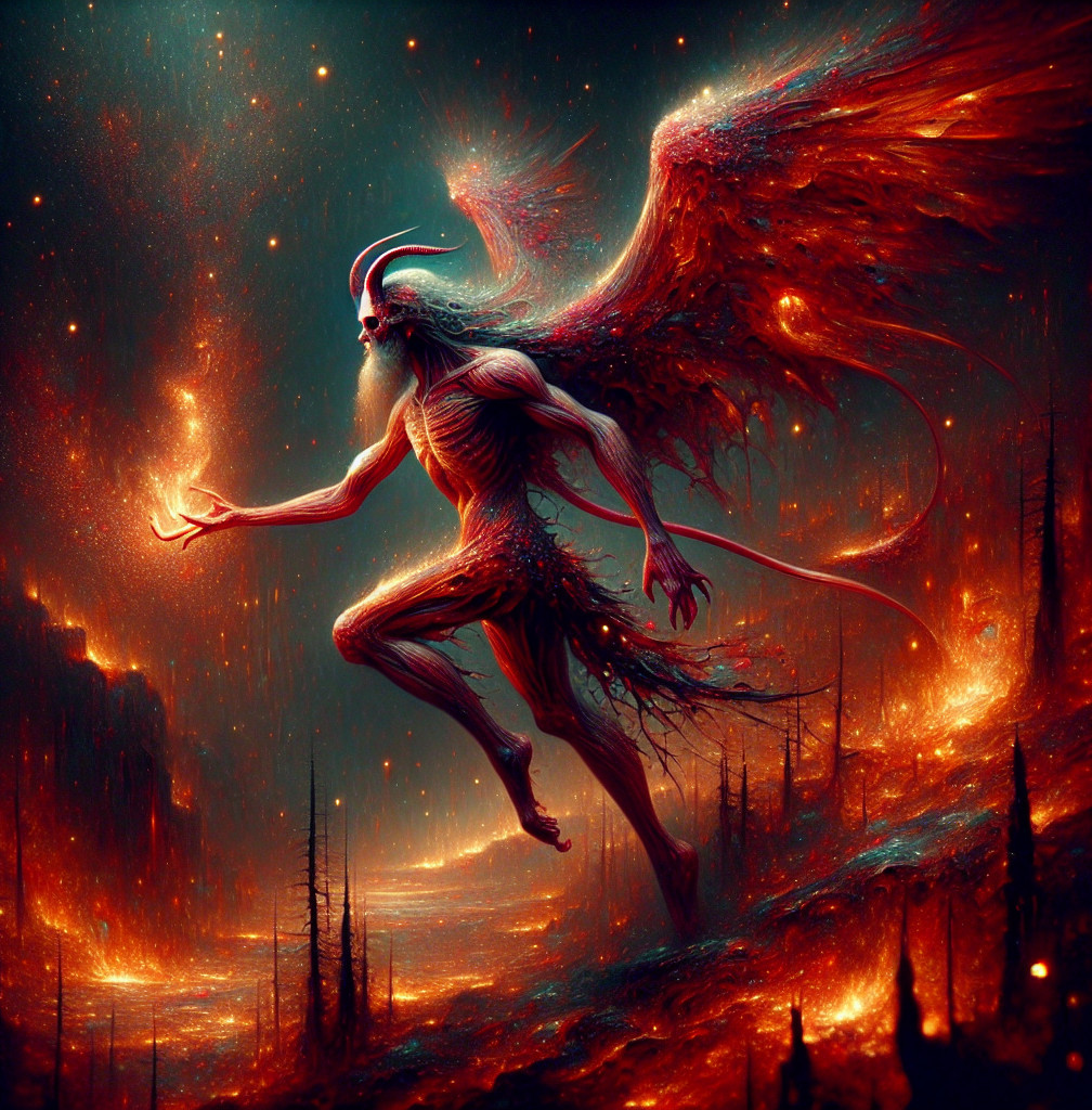 Surreal Figure with Wings in Fiery Alien Landscape