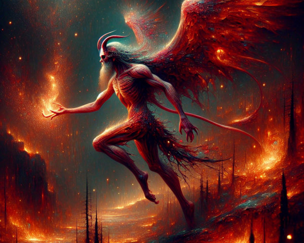 Surreal Figure with Wings in Fiery Alien Landscape