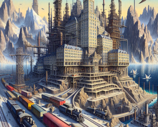 Futuristic cityscape with nature and industrial elements